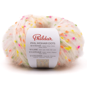 phil mohair dots 50g 62m  60% mohair - 16% laine - 12% acrylique  - mohair dots fluo