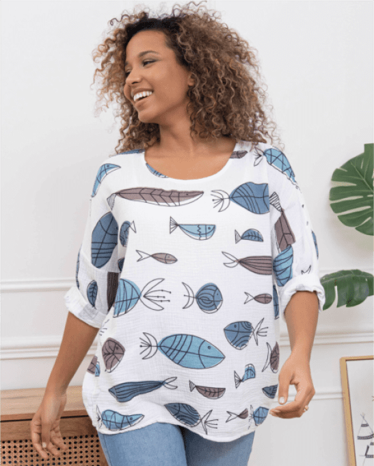 Blouse imprimé poisson en gaze de coton