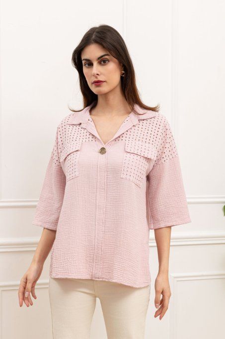 Blouse avec dentelle en gaze de coton 